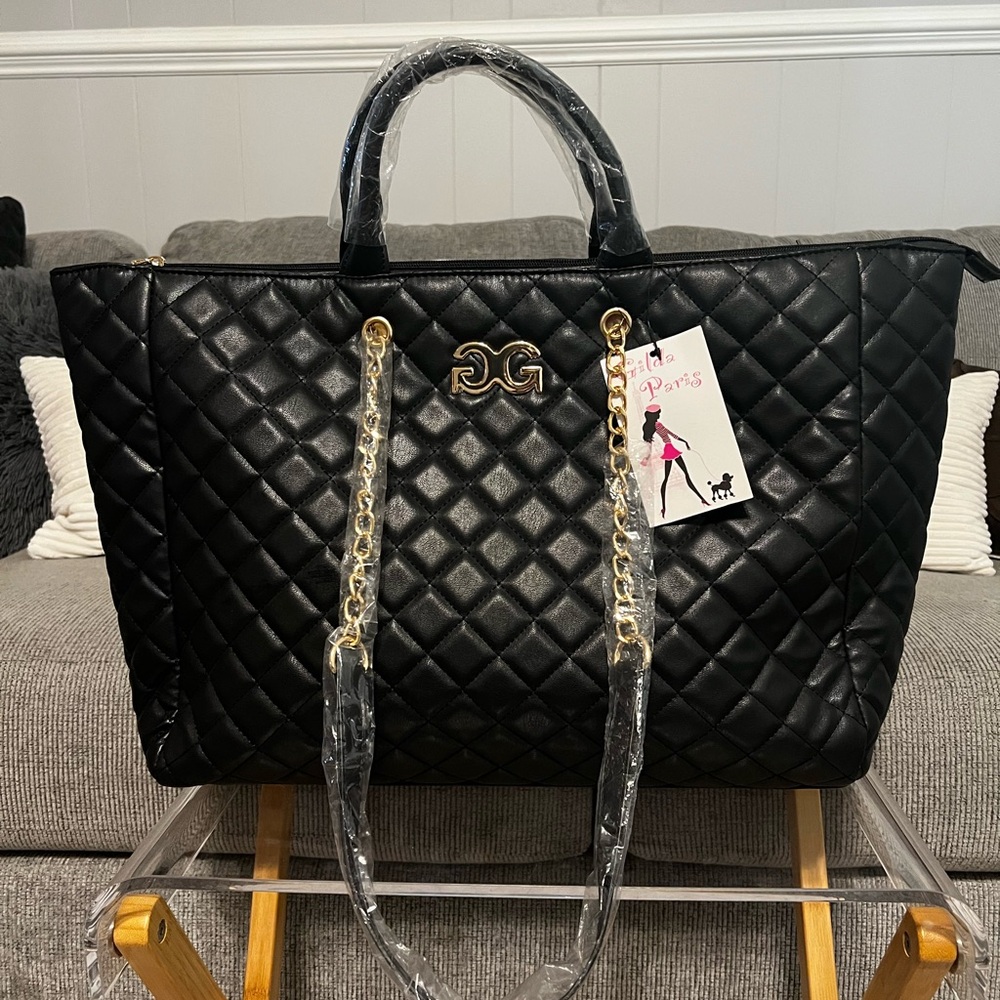 NWT GILDA PARIS Black Quilted Tote Bag with Gold Accents